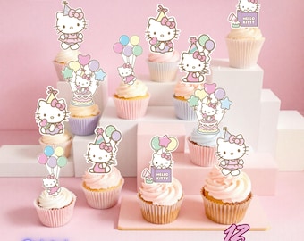 Kitty Cupcake Toppers – Kawaii Party Decorations | Set of 12 | Printed on both sides | 2.5” | Cute Pastel Kitty Birthday Supplies
