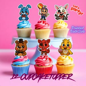 May include: Nine cupcakes with colorful frosting and character toppers, including a blue bunny, a bear, and a fox. The cupcakes are arranged on a light blue cake stand against a pink background. Text on the image reads "Let's party!" and "Printed Both Side".