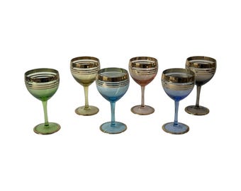 MCM Colored Port Glasses With Gold Rims - Service For Six