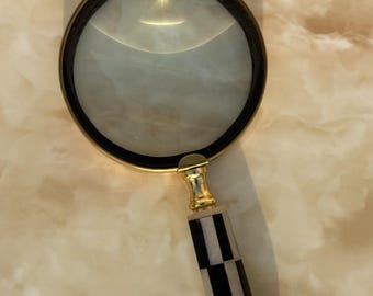 Vintage Messing Lupe | Griff schwarz kariert, Schreibtisch Accessoire