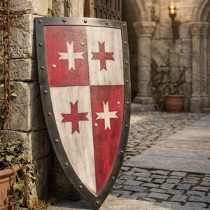 May include: A medieval-style shield with a red and white cross design, leaning against a stone wall. The shield has a metal border and is set against a backdrop of a castle entrance with a large wooden gate.