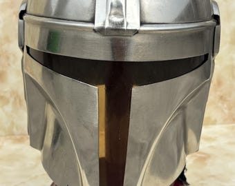 Handmade Mandalorian Helmet | Polished Silver Metal, Cosplay Armor