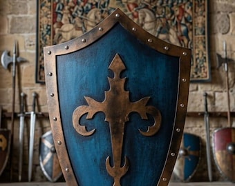 Handcrafted Blue Medieval Wooden Shield, Knight Crusader Wall Decor, Fantasy Prop