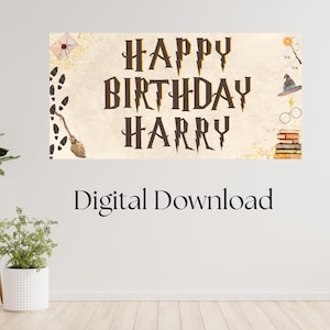 May include: A banner with the text "HAPPY BIRTHDAY HARRY" in a stylized font, with illustrations of a letter, footprints, a broom, a wand, a hat, glasses, and books. The words "Digital Download" are below.
