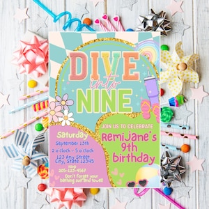DIVE into Nine Birthday Party - Pool Party - ontwerp voor tieners – Canva Instant Download - bewerkbare sjabloon voor verjaardagsuitnodiging zwembad