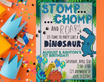 May include: A dinosaur-themed birthday party invitation with the text "STOMP... CHOMP... AND ROAR!!" and "ITS TIME TO PARTY LIKE A DINOSAUR". The invitation includes the date, time, and location. Blue and orange accents.