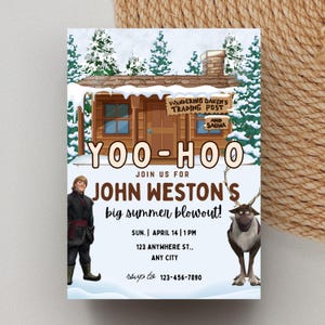 May include: Invitation with a winter theme. Features the text "YOO-HOO" and "JOHN WESTON'S big summer blowout!" with a cartoon image of a cabin, a character, and a reindeer. Includes event details: date, time, and location.