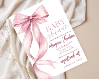 Puede incluir: Una invitación a un baby shower con un lazo y una cinta rosas en acuarela. La invitación incluye el texto "BABY shower" y los detalles del baby shower de Morgan Jordan, incluyendo fecha, hora y lugar.