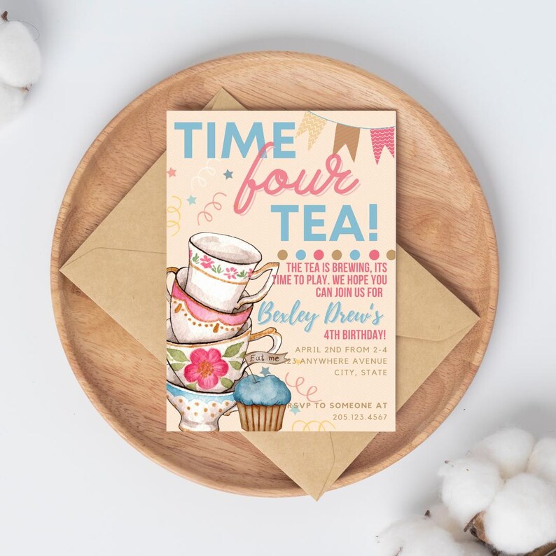 Time Four Tea Invitation Time Four Tea Birthday Invite - Digital Download - Editable in Canva - Etsy
