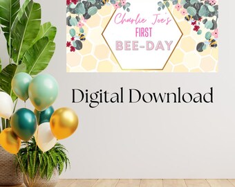 Bee Birthday Banner Template: Editable Party Backdrop (Digital Download 72x36in Canva Design)