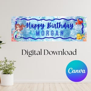 May include: A rectangular horizontal banner featuring a blue watercolor background with a dark blue wavy border. The text reads Happy Birthday MORGAN in blue. Illustrations of a mermaid, a red crab, and a yellow fish are positioned on the sides.