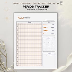 Period Tracker Printable, Period Planner, Menstruation Cycle, 12 month Cycle Tracking Calendar
