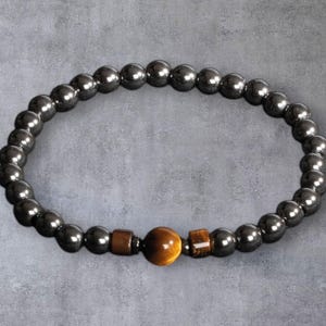 Unisex Tiger Eye & Hematite Bracelet, 6mm Hematite Stone, 8mm Tiger&#39;s Eye, Natural Stone Jewelry, Minimalist Gift