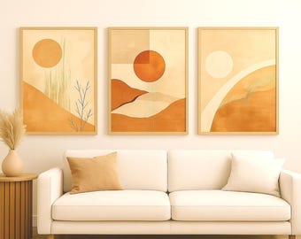 Minimalist Boho Wall Art Set of 3 | Terracotta Beige Burnt Orange Prints | Modern Abstract Sun Landscape | Digital art Download