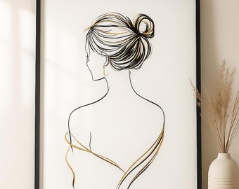 Luxury Line Art Woman Poster | Minimalist Gold Silhouette Wall Art | Elegant Female Printable | Modern Boho Digital Download Decor