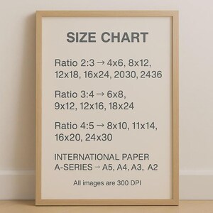 May include: A framed print with a beige background displays a size chart in grey text. The chart lists print sizes for various aspect ratios, including 2:3, 3:4, and 4:5, and international paper sizes. The text "All images are 300 DPI" is at the bottom.