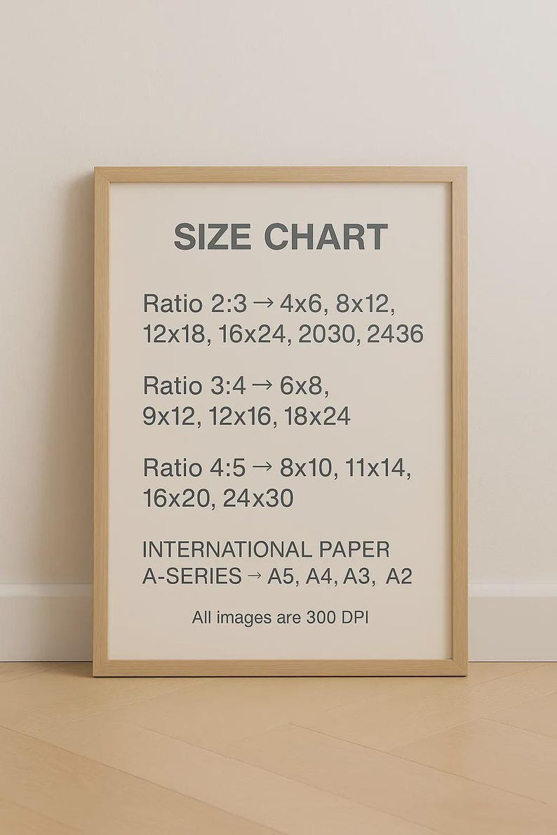 May include: A framed print with a beige background displays a size chart in grey text. The chart lists print sizes for various aspect ratios, including 2:3, 3:4, and 4:5, and international paper sizes. The text "All images are 300 DPI" is at the bottom.