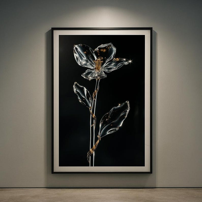 May include: Framed artwork of a clear glass flower with a gold stem and accents against a black backdrop. The flower has delicate petals and leaves, creating a striking contrast. The artwork is displayed in a black frame.