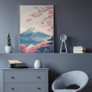 和風デジタルポスター｜富士山と桜｜日本のアートプリント、日本の風景ウォールアート、即時ダウンロード