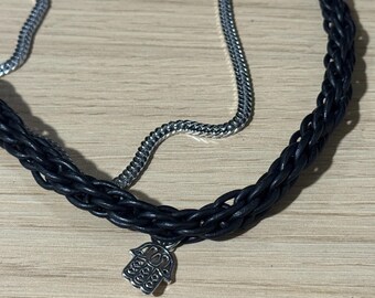 Bochi Weekly drop 9/11/2026 - Licorice love Choker - Braided Leather layered Choker with Stainless Steel Cuban link chain