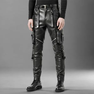 Handmade Genuine Leather Cargo Pants for Men – Black Gothic Biker Pants with Buckle Straps & Utility Pockets – Steampunk Streetwear