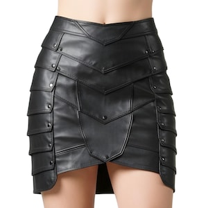 Women&#39;s Black Top-Grain Leather Armor-Style Mini Skirt – Gothic Punk Steampunk High-Waist Bodycon Skirt
