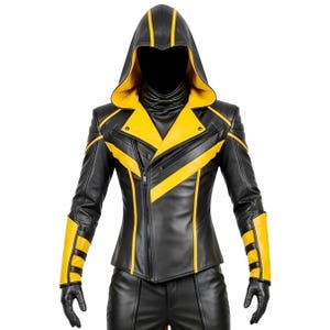 Men’s Black and Yellow Leather Assassin Coat | Hooded Gothic Steampunk Cosplay Trench Jacket