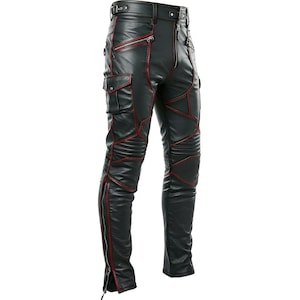Men’s Black Leather Pants with Red Stitching – Genuine Leather Biker Pants, Gothic Festival Rave Wear, Streetwear Rocker Style