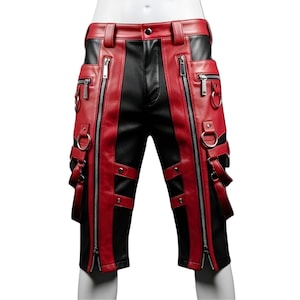Handmade Leather Cargo Shorts for Men | Red Black Gothic Streetwear