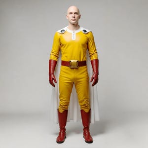 Peut inclure: Une personne porte un costume de super-héros jaune avec une cape blanche, des gants rouges et des bottes rouges. Le costume comprend une ceinture dorée et des détails blancs sur les épaules. La personne est chauve, sur fond gris.