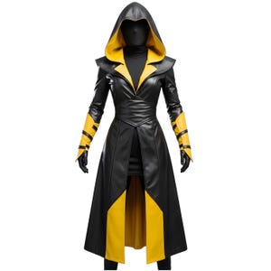 Women’s Black & Yellow Leather Assassin Coat | Gothic Cosplay Hooded Trench Jacket