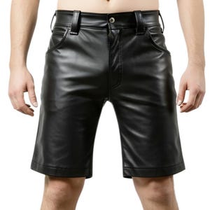 Handmade Black Top Grain Leather Shorts: Men&#39;s Casual Biker Style
