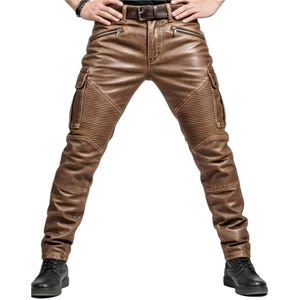 Handmade Genuine Brown Leather Pants for Men – Biker Motorcycle Cargo Pants with Zipper Pockets, Buckle Belt, Ribbed Knees & Side Pockets