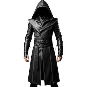 Handmade Black Leather Assassin Coat: Gothic Medieval Hooded Trench