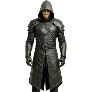 Handmade Genuine Leather Hooded Assassin Coat: Medieval Armor, Cosplay, LARP