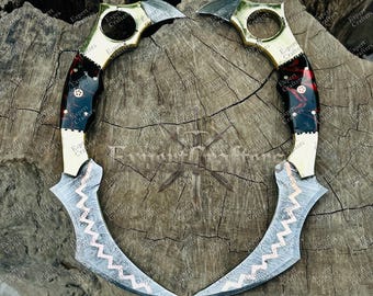 Hand Forged Copper Damascus Karambit Knives Set | Fixed Blade Knife | Dual Karambit Knife | Copper Damascus Knife | Gift for Him