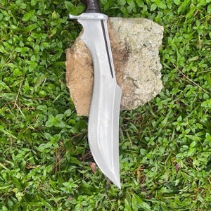 May include: A large, silver-colored blade with a curved edge and a dark brown handle rests on a stone, surrounded by green foliage. The blade has a distinctive shape, with a wide, curved cutting edge and a pointed tip.