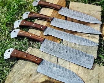 Handmade Damascus Chef Knife Set, Forged Steel Kitchen Knives with Leather Roll