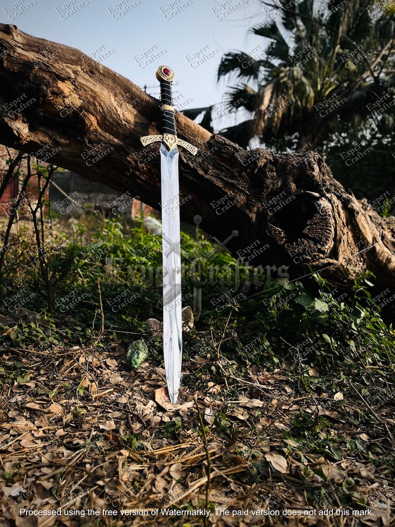 May include: A decorative sword with a silver blade and ornate gold hilt, featuring a red gem. The handle is wrapped in black material. The sword is displayed outdoors, leaning against a large tree trunk.
