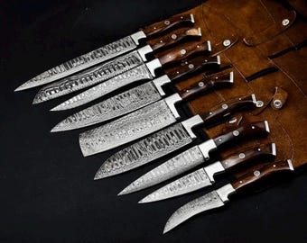 Handmade Damascus Steel 9-Piece Chef Knife Set | Wooden Handle