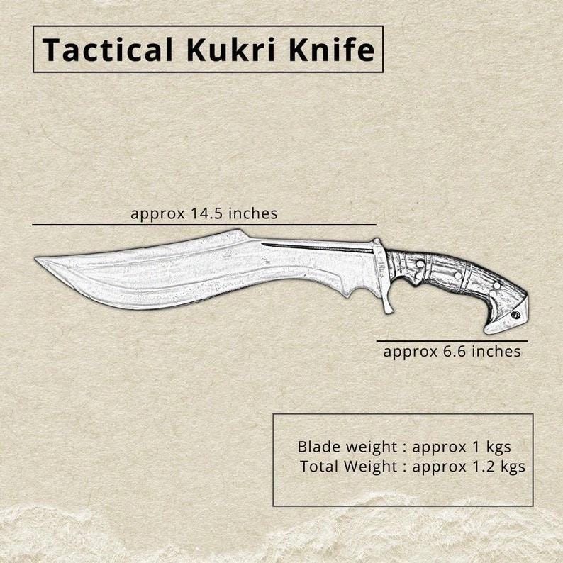 May include: A tactical Kukri knife illustration. The blade is approximately 14.5 inches long, with a handle of about 6.6 inches. The blade weighs approximately 1 kg, and the total weight is about 1.2 kgs.