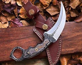 Handmade High Carbon Steel Karambit Hunting Knife | Leather Sheath, Full Tang