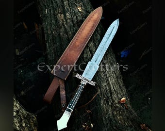 Handmade Damascus Steel Viking Sword | Rosewood Handle, Leather Sheath