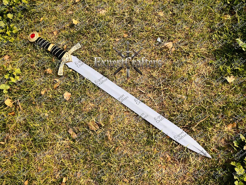 May include: A decorative sword with a silver blade and a gold crossguard. The handle is black and gold, topped with a red gem. The sword lies on a bed of green grass.
