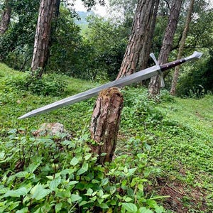 Könnte beinhalten: Ein langes, silbernes Schwert mit braunem Griff liegt auf einem Baumstumpf in einer Waldlandschaft. Das Schwert hat einen kreuzförmigen Knauf und eine Spitze. Der Hintergrund zeigt grünes Laub und hohe Bäume.
