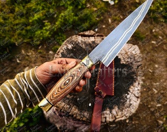 Hand Forged Damascus Chef Knife, Copper Inlay Kitchen Knife, Professional Blade Gift