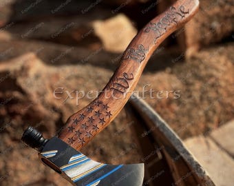 Handmade Carbon Steel Viking Axe, Engraved Rose Wood Handle