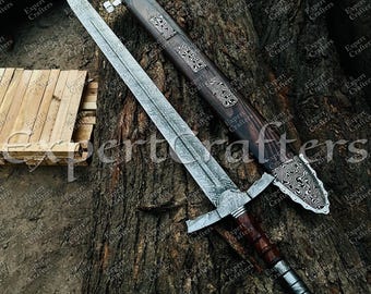 Hand Forged Damascus Steel Sword with Scabbard – Medieval Crusader Sword