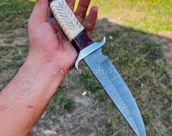 Hand Forged Damascus Steel Bowie Knife, Bone Resin Handle