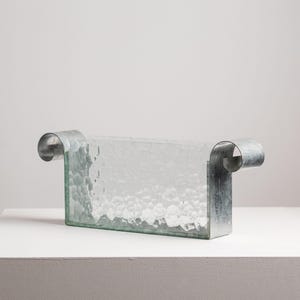 Brutalist Ice Glass Vase, Rectangular Textured Glass with Rolled Zinc End Caps, 1970s Style